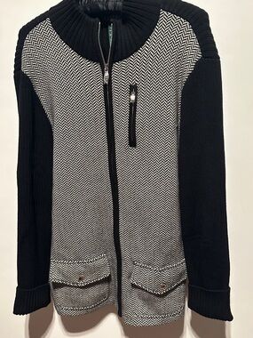 Lauren Ralph Zipped Cardigan Sweater Black White Herringbone Women's XL
